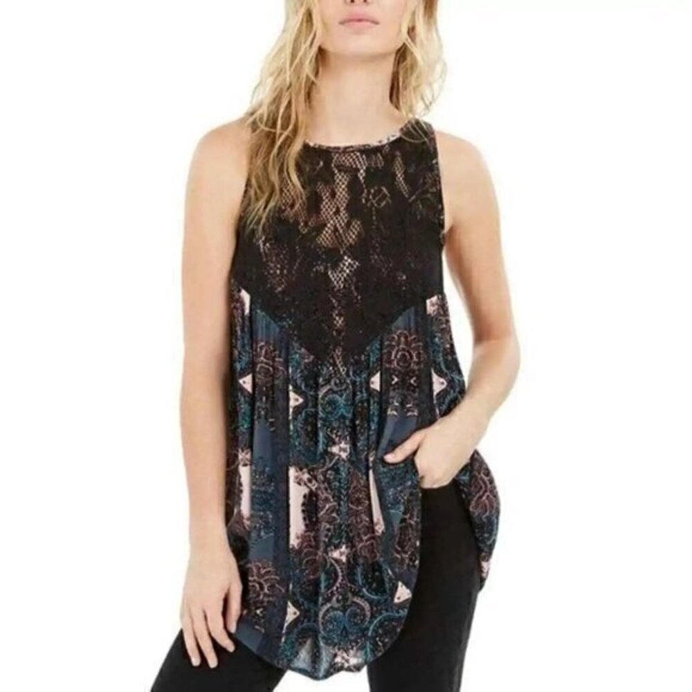 Free People Count Me in Trapeze Tunic in Paisley Black Combo Size S NWT